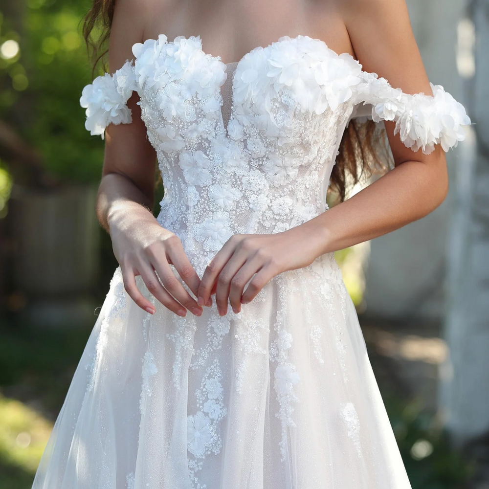 Elegant Floral Off-The-Shoulder A-Line Wedding Gown
