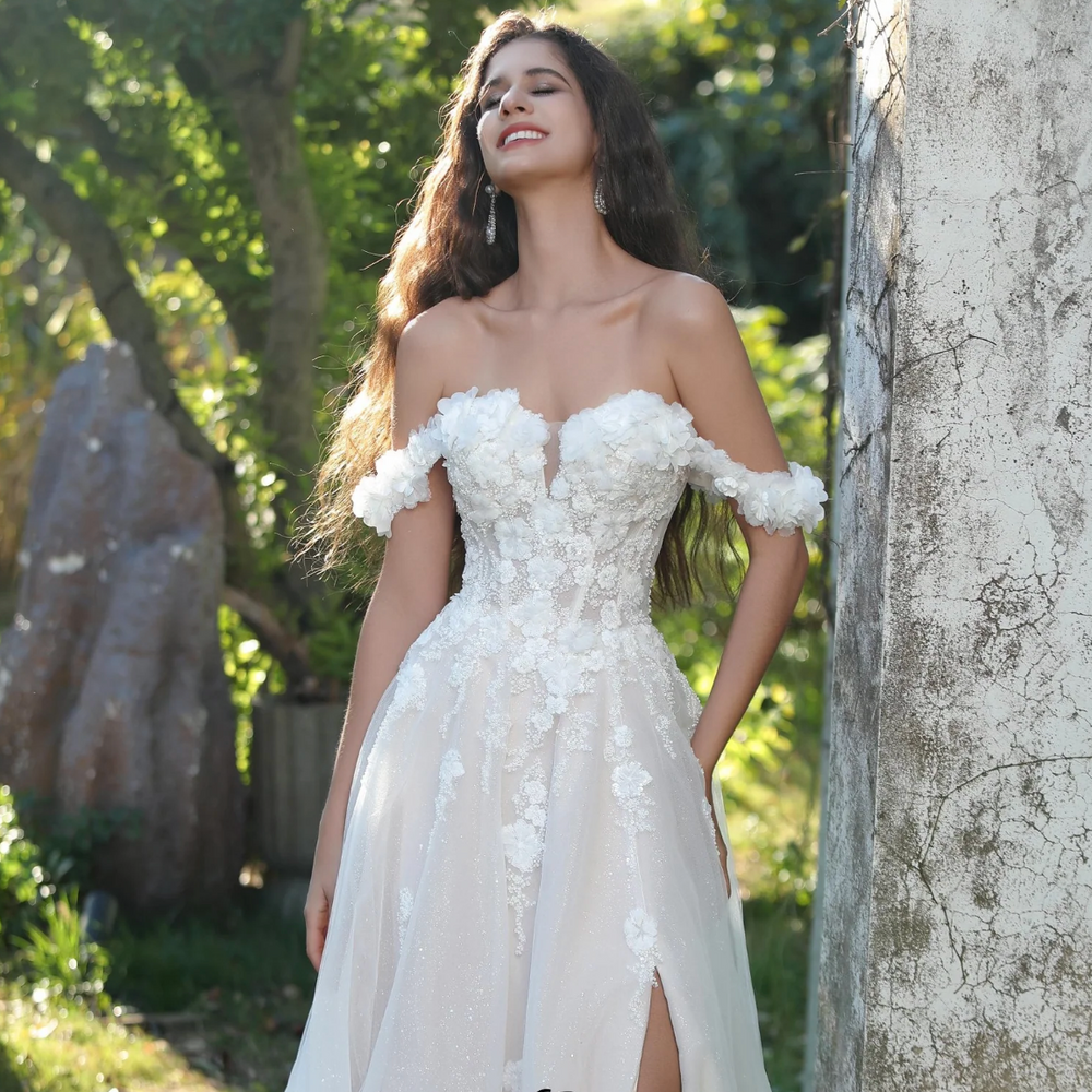 
                      
                        Elegant Floral Off-The-Shoulder A-Line Wedding Gown
                      
                    