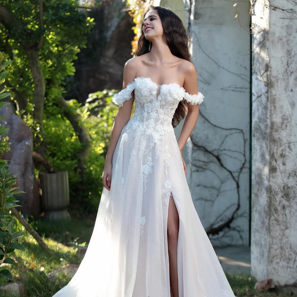 
                      
                        Elegant Floral Off-The-Shoulder A-Line Wedding Gown
                      
                    
