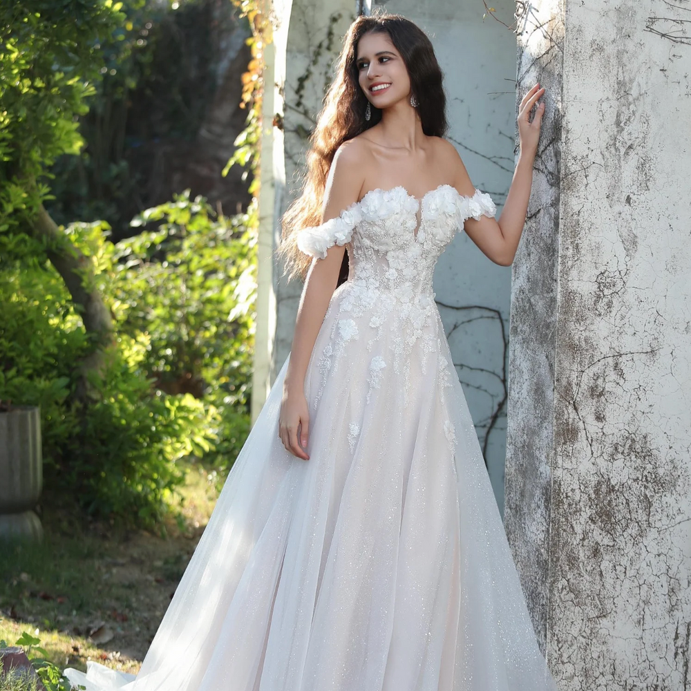 
                      
                        Elegant Floral Off-The-Shoulder A-Line Wedding Gown
                      
                    
