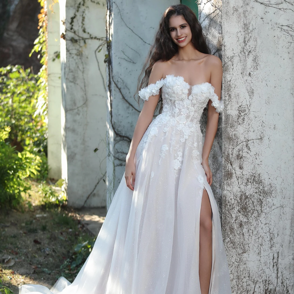 
                      
                        Elegant Floral Off-The-Shoulder A-Line Wedding Gown
                      
                    