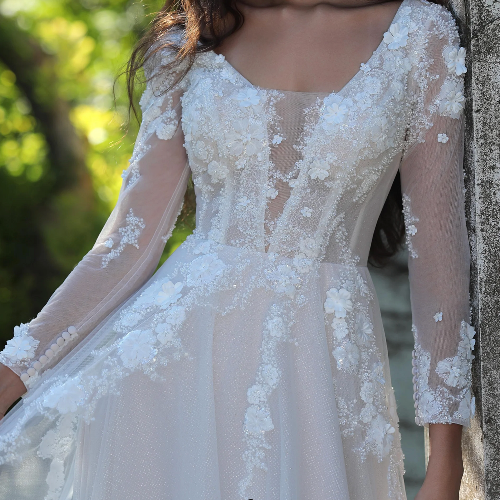 Ethereal Long-Sleeved A-Line Wedding Gown With Intricate Floral Embroidery