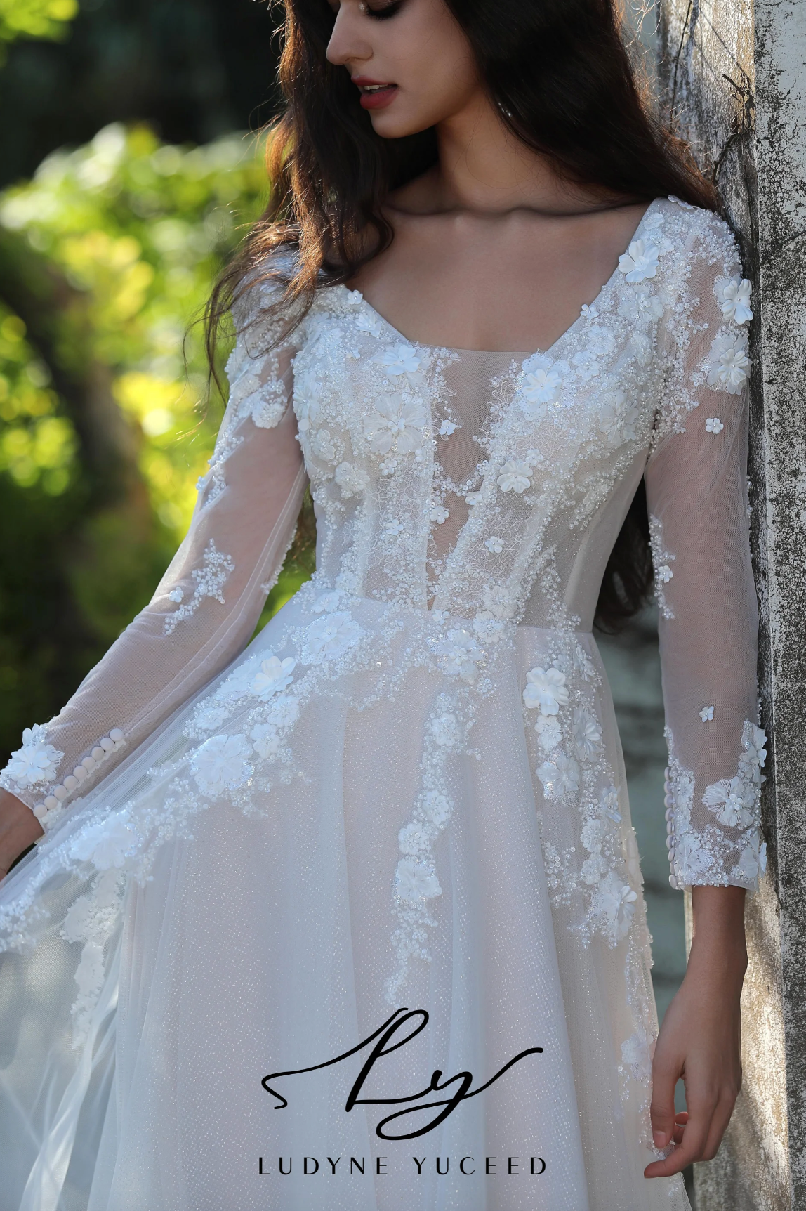 Ethereal Long-Sleeved A-Line Wedding Gown With Intricate Floral Embroidery