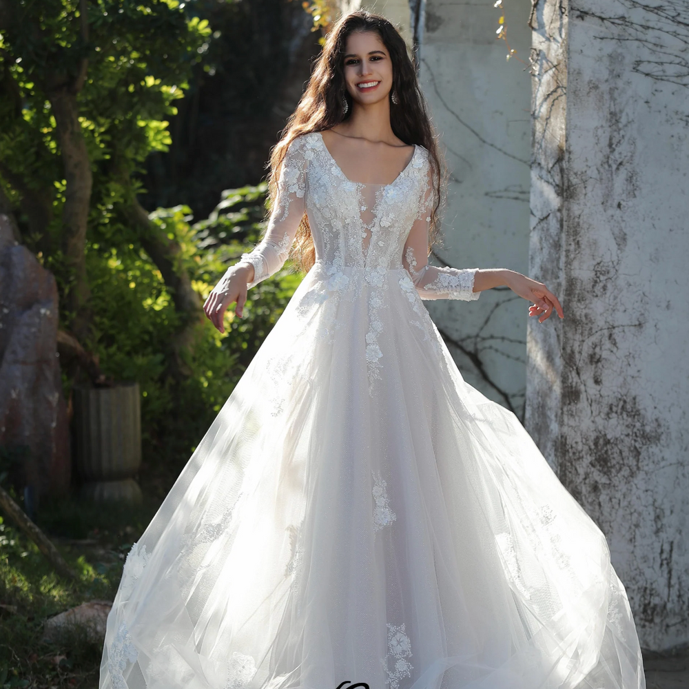 Ethereal Long-Sleeved A-Line Wedding Gown With Intricate Floral Embroidery