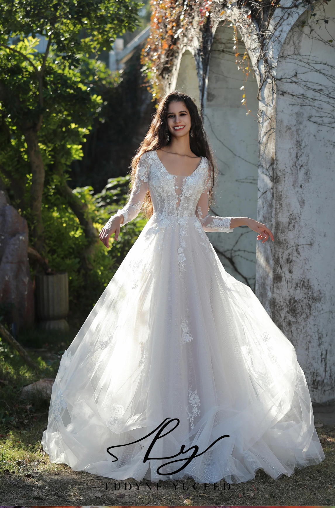 Ethereal Long-Sleeved A-Line Wedding Gown With Intricate Floral Embroidery