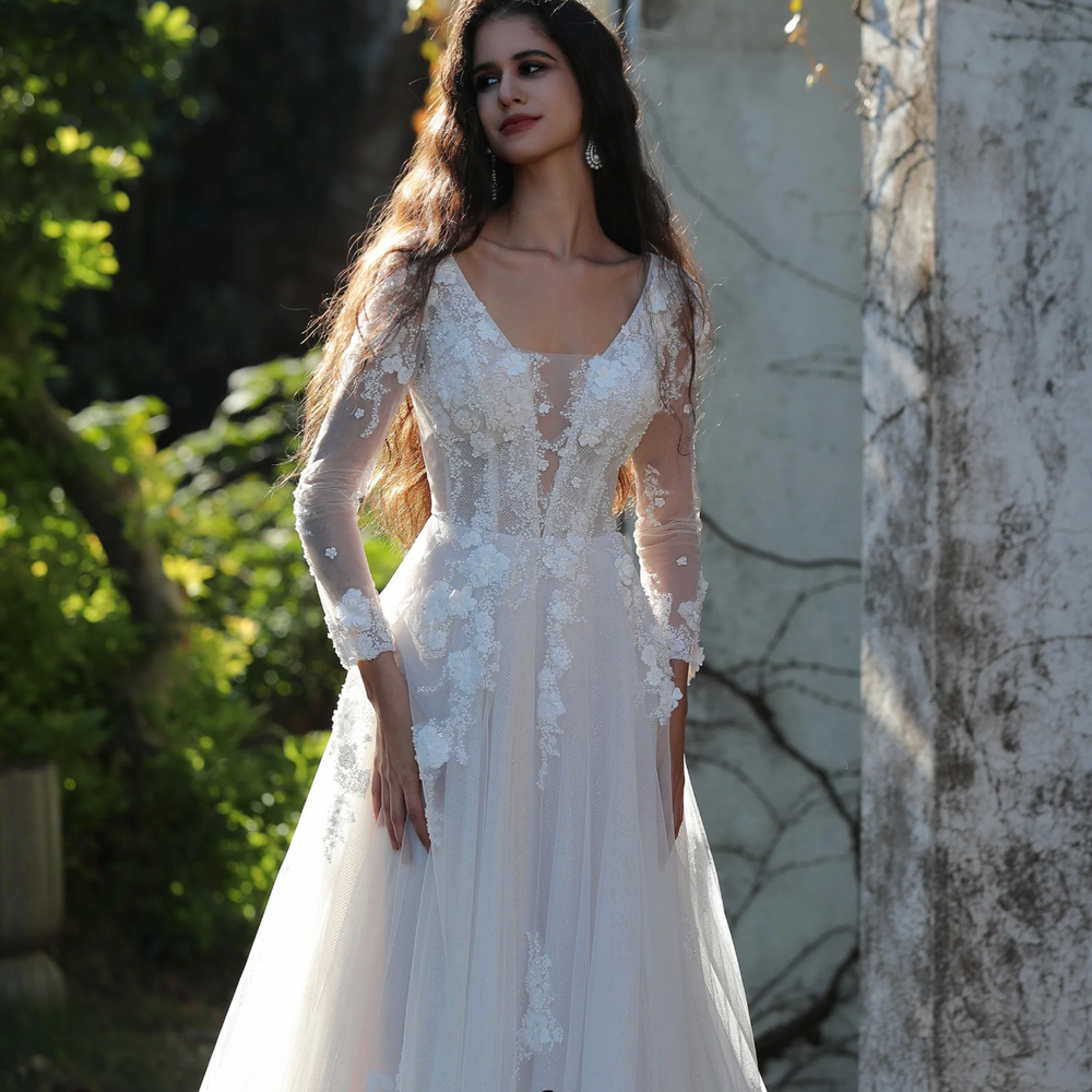 
                      
                        Ethereal Long-Sleeved A-Line Wedding Gown With Intricate Floral Embroidery
                      
                    