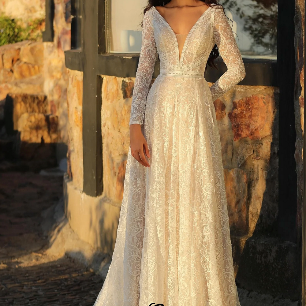 Boho A-Line V Neckline Long Sleeve Wedding Dress
