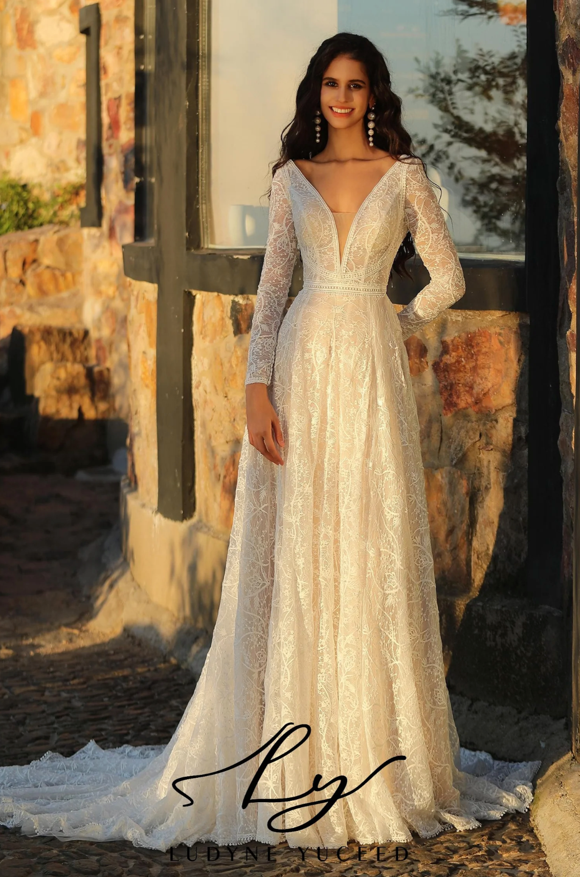 Boho A-Line V Neckline Long Sleeve Wedding Dress