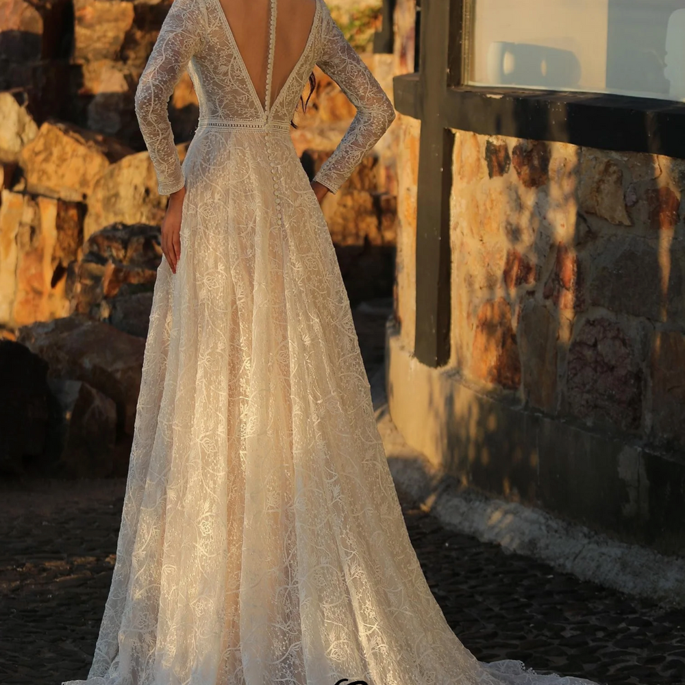 
                      
                        Back view of a Boho A-Line long sleeve wedding dress with V neckline and lace detailing.
                      
                    