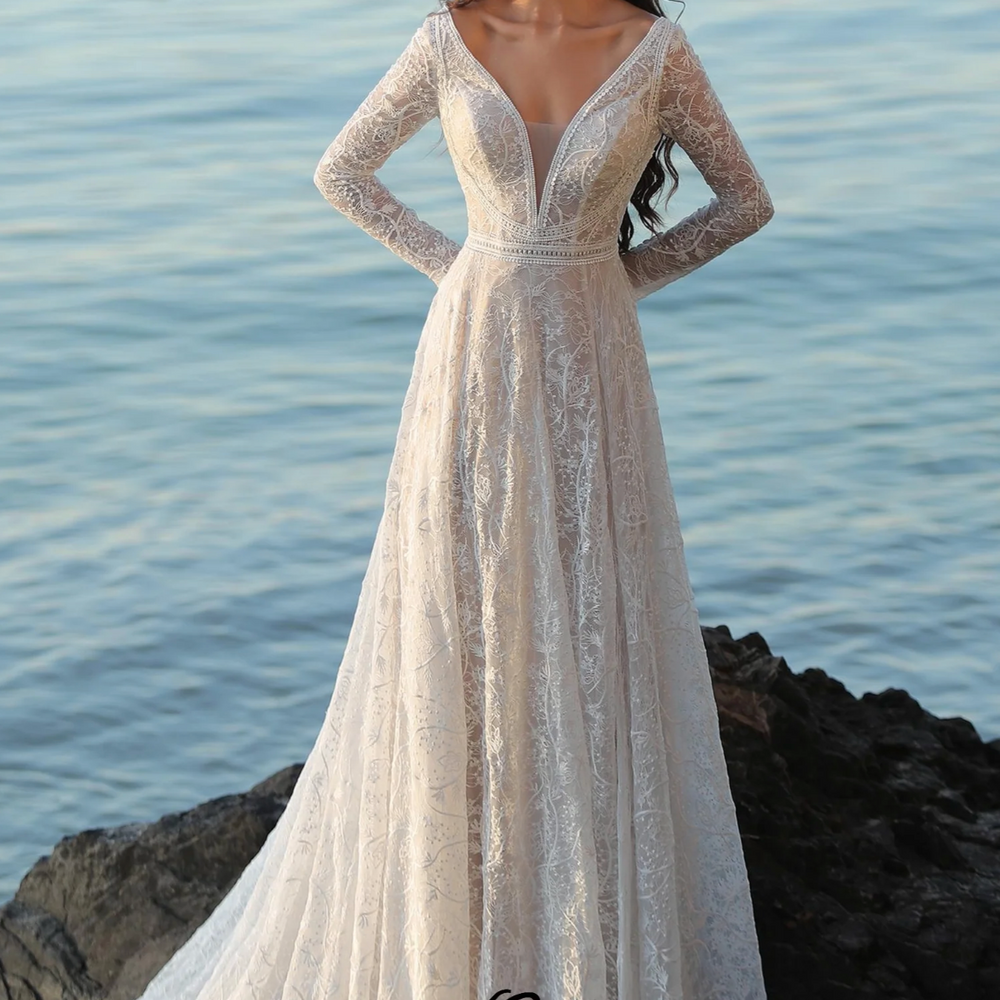 Boho A-Line V Neckline Long Sleeve Wedding Dress