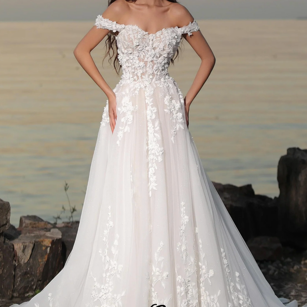 Fairy-like Off-The-Shoulder 3D Floral Wedding Dress