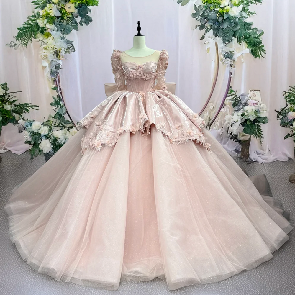 Quinceanera Dress Pink Organza Ball Gown, this beaded pink Quinceanera Dress features a voluminous skirt with elegant gathers and a full peplum at the waist,