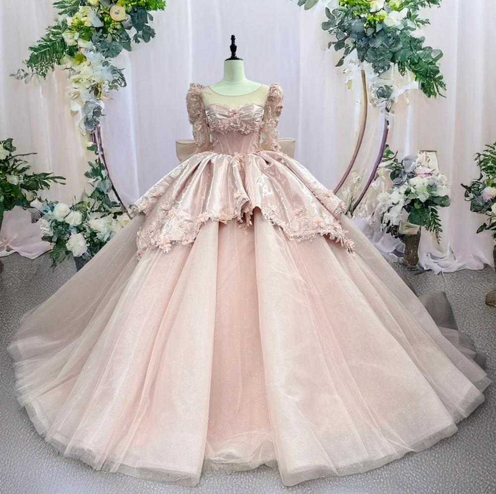 Quinceanera Dress Pink Organza Ball Gown, this beaded pink Quinceanera Dress features a voluminous skirt with elegant gathers and a full peplum at the waist,