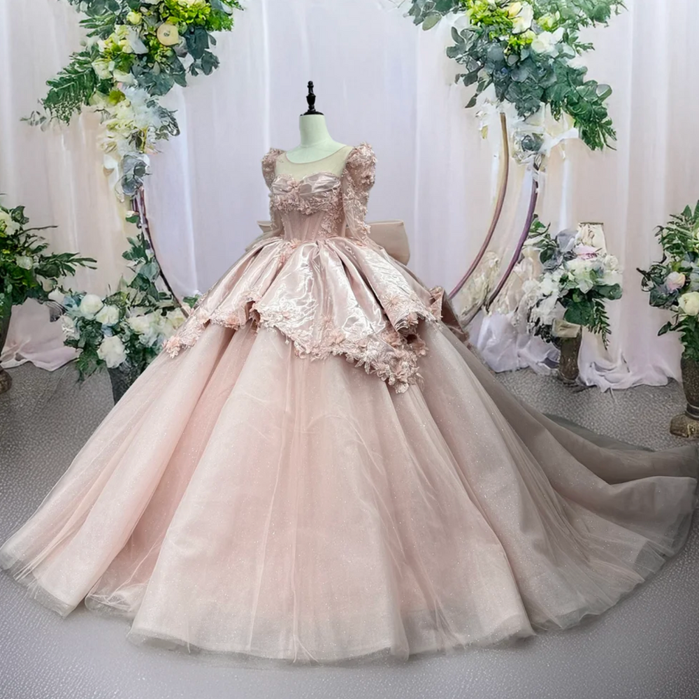 
                      
                        Quinceanera Dress Pink Organza Ball Gown, this beaded pink Quinceanera Dress features a voluminous skirt with elegant gathers and a full peplum at the waist,
                      
                    