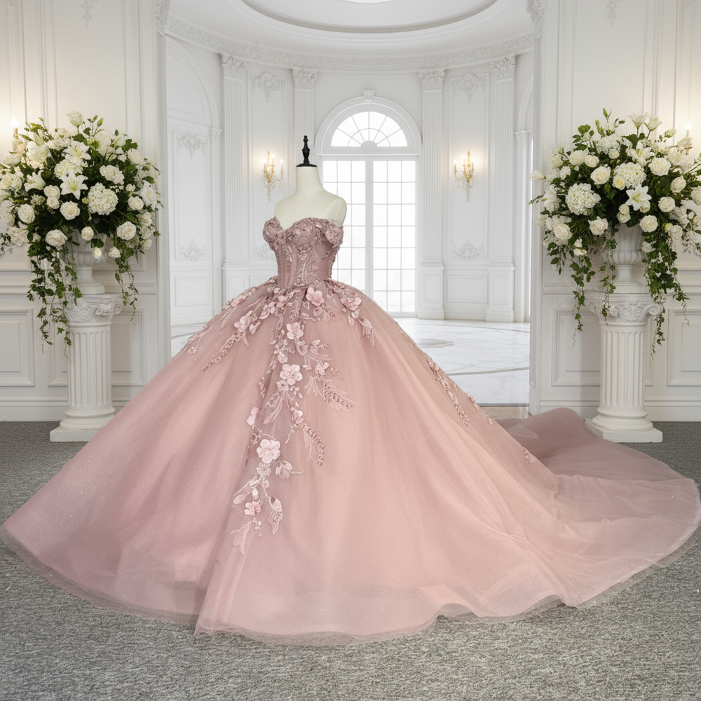 
                      
                        Quinceanera Dress Dusty Pink Party Ball Gown, This Dusty Pink Quinceanera Dress exudes elegance with its off-the-shoulder cuff sleeves and corset-style
                      
                    