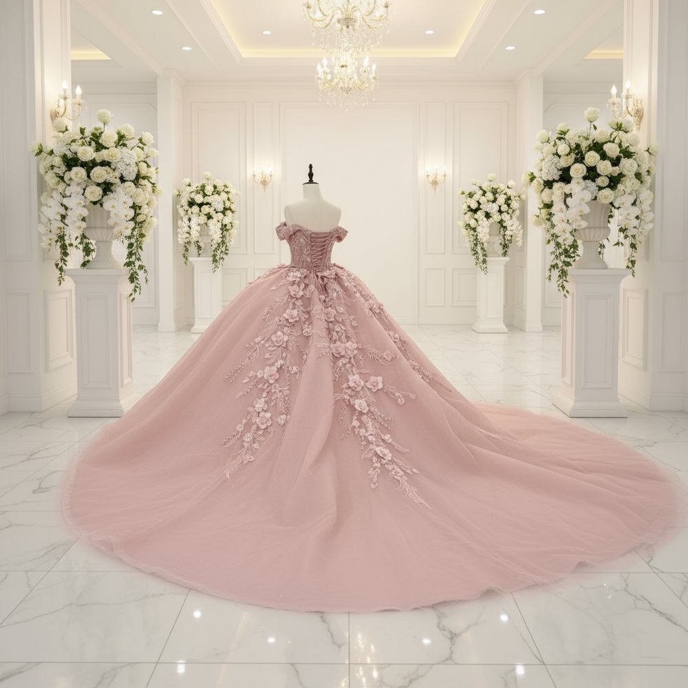 
                      
                        Quinceanera Dress Dusty Pink Party Ball Gown, This Dusty Pink Quinceanera Dress exudes elegance with its off-the-shoulder cuff sleeves and corset-style
                      
                    