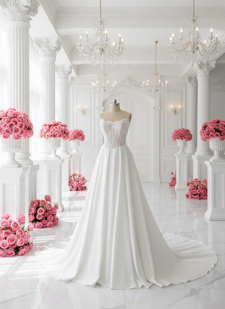 Satin Wedding Dress Irregular Neckline Basque Waistline Bridal Gown, this strapless wedding dress captivates with its distinctive irregular neckline