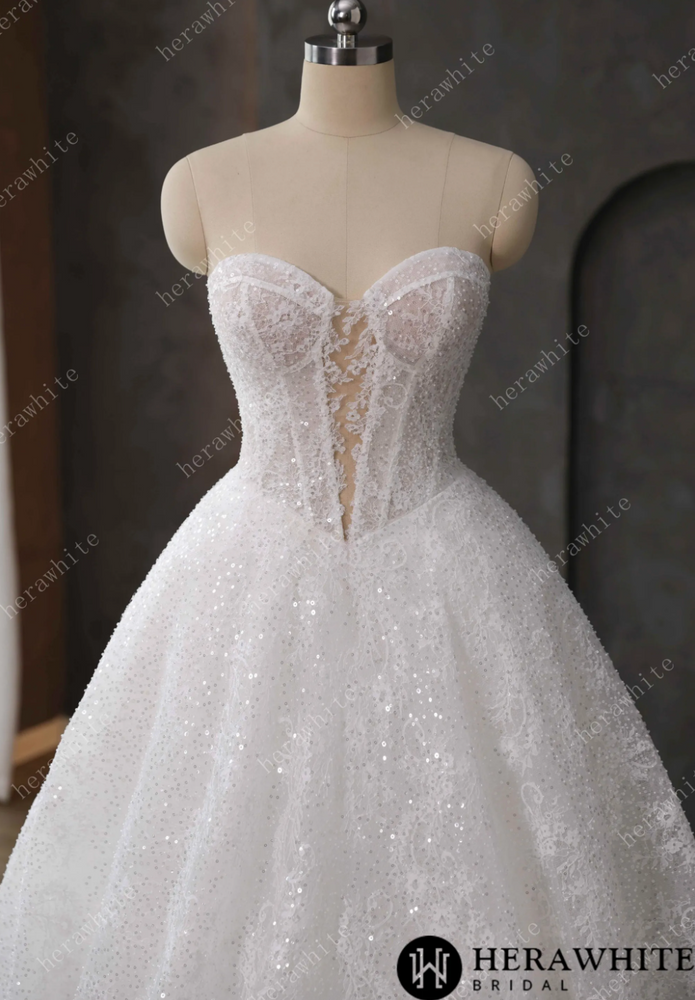 Sequined Lace A Line Wedding Dress Keyhole Bodice Bridal Gown, embrace timeless elegance with this exquisite bridal gown, designed for the discerning bride.