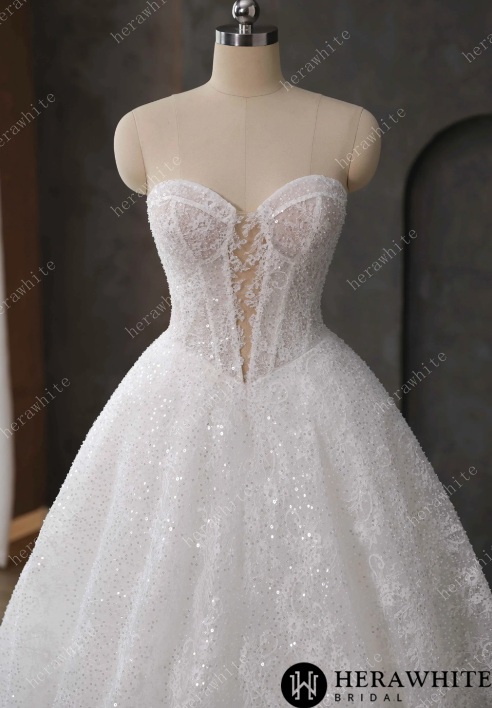 Sequined Lace A Line Wedding Dress Keyhole Bodice Bridal Gown, embrace timeless elegance with this exquisite bridal gown, designed for the discerning bride.