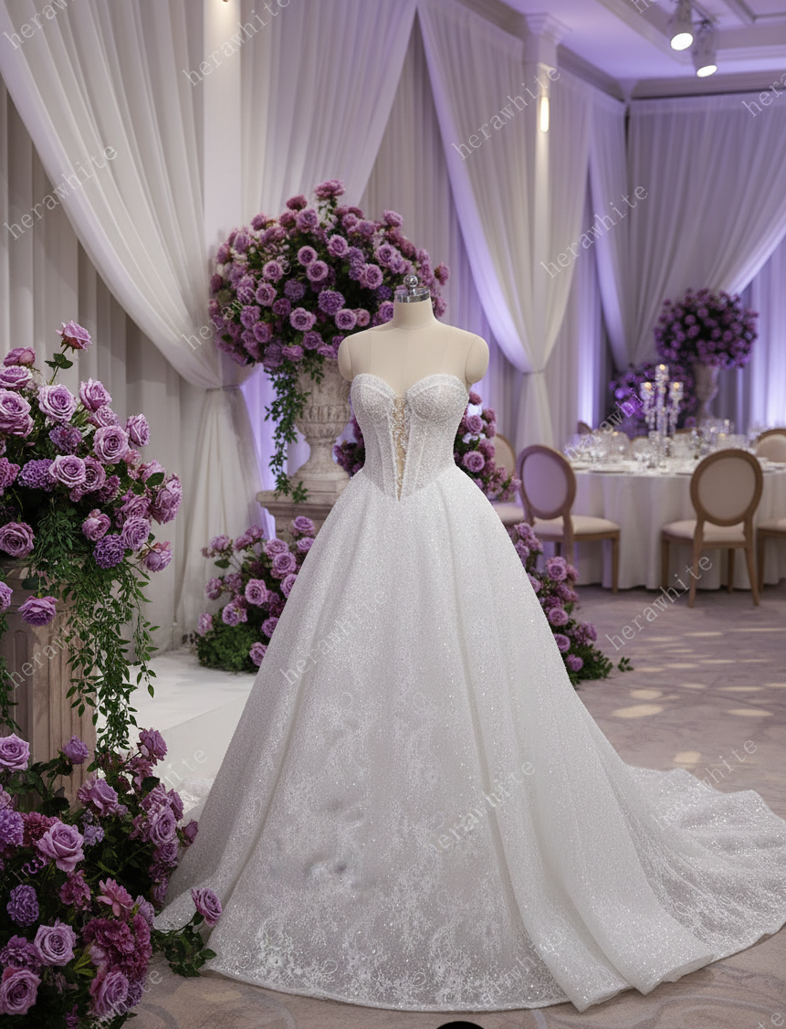 Sequined Lace A Line Wedding Dress Keyhole Bodice Bridal Gown, embrace timeless elegance with this exquisite bridal gown, designed for the discerning bride.