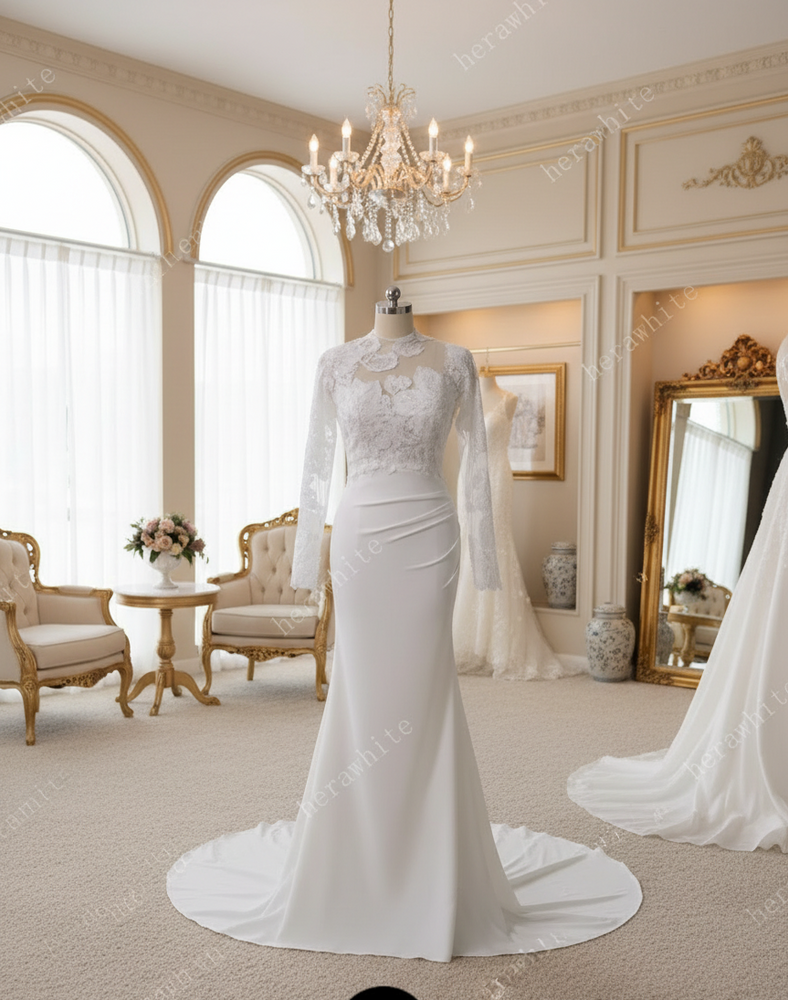 Lace Wedding Dress Beaded Sheer Bodice Bridal Gown with Crepe Skirt