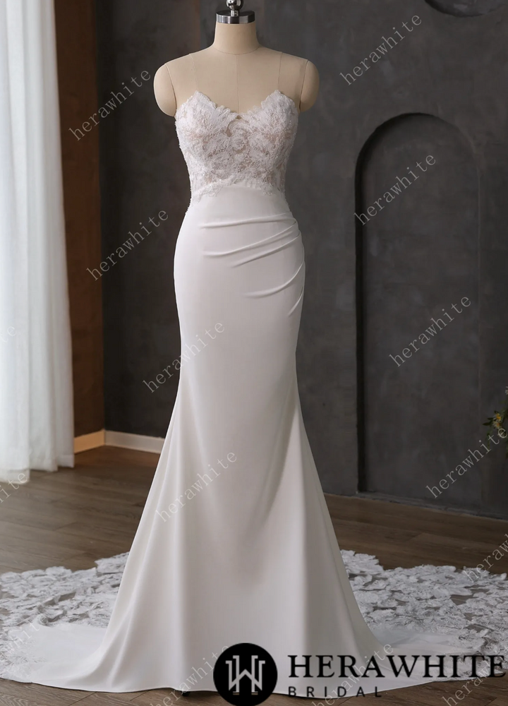 Lace Wedding Dress Beaded Sheer Bodice Bridal Gown with Crepe Skirt