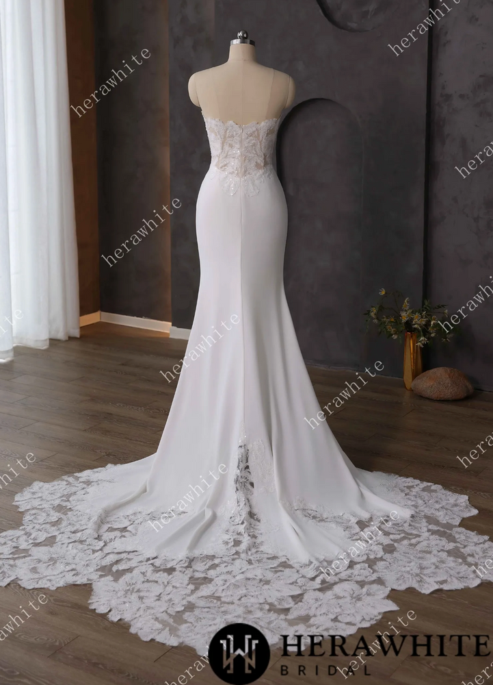 
                      
                        Lace Wedding Dress Beaded Sheer Bodice Bridal Gown with Crepe Skirt
                      
                    