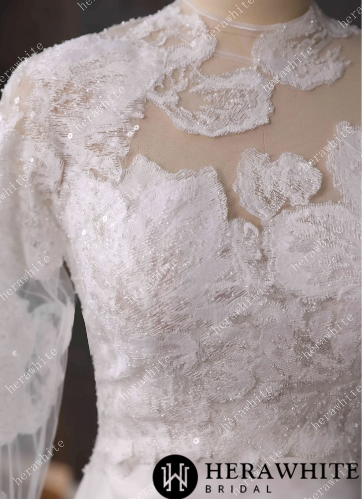 
                      
                        Lace Wedding Dress Beaded Sheer Bodice Bridal Gown with Crepe Skirt
                      
                    