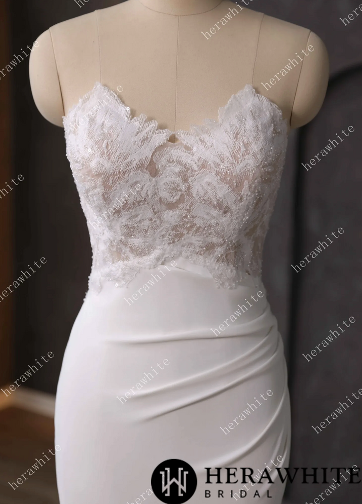 
                      
                        Lace Wedding Dress Beaded Sheer Bodice Bridal Gown with Crepe Skirt
                      
                    