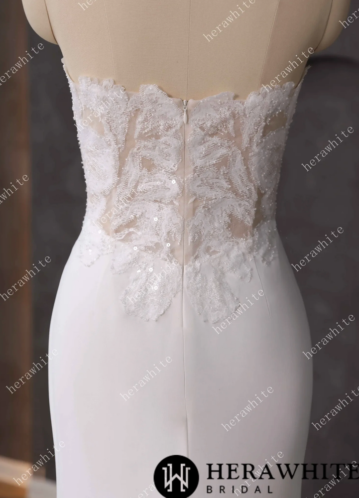 
                      
                        Lace Wedding Dress Beaded Sheer Bodice Bridal Gown with Crepe Skirt
                      
                    