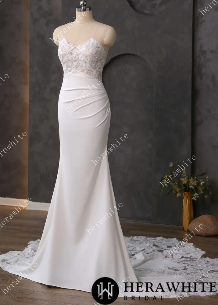 
                      
                        Lace Wedding Dress Beaded Sheer Bodice Bridal Gown with Crepe Skirt
                      
                    