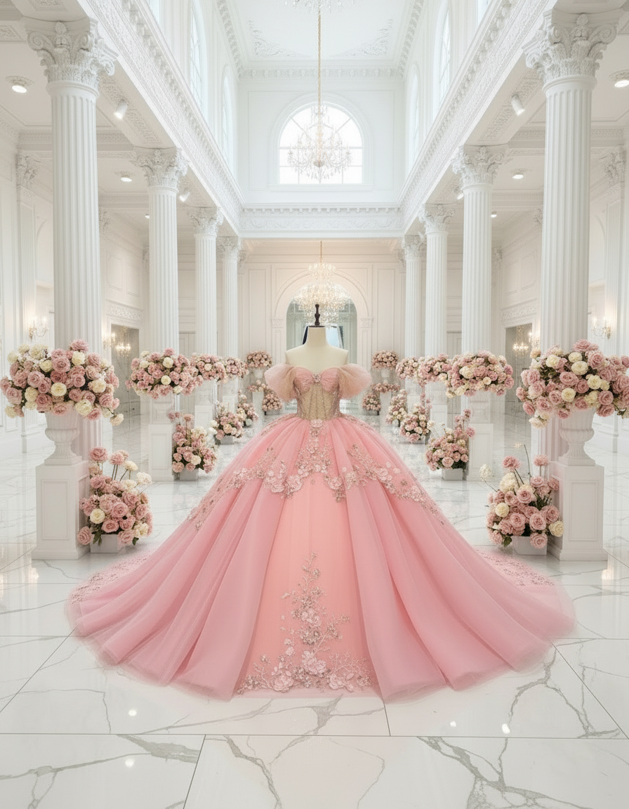 Pink Quinceanera Dress Off The Shoulder Floral Organza Ball Gown, Celebrate your special day in timeless elegance with this stunning pink Quinceanera ball gown.