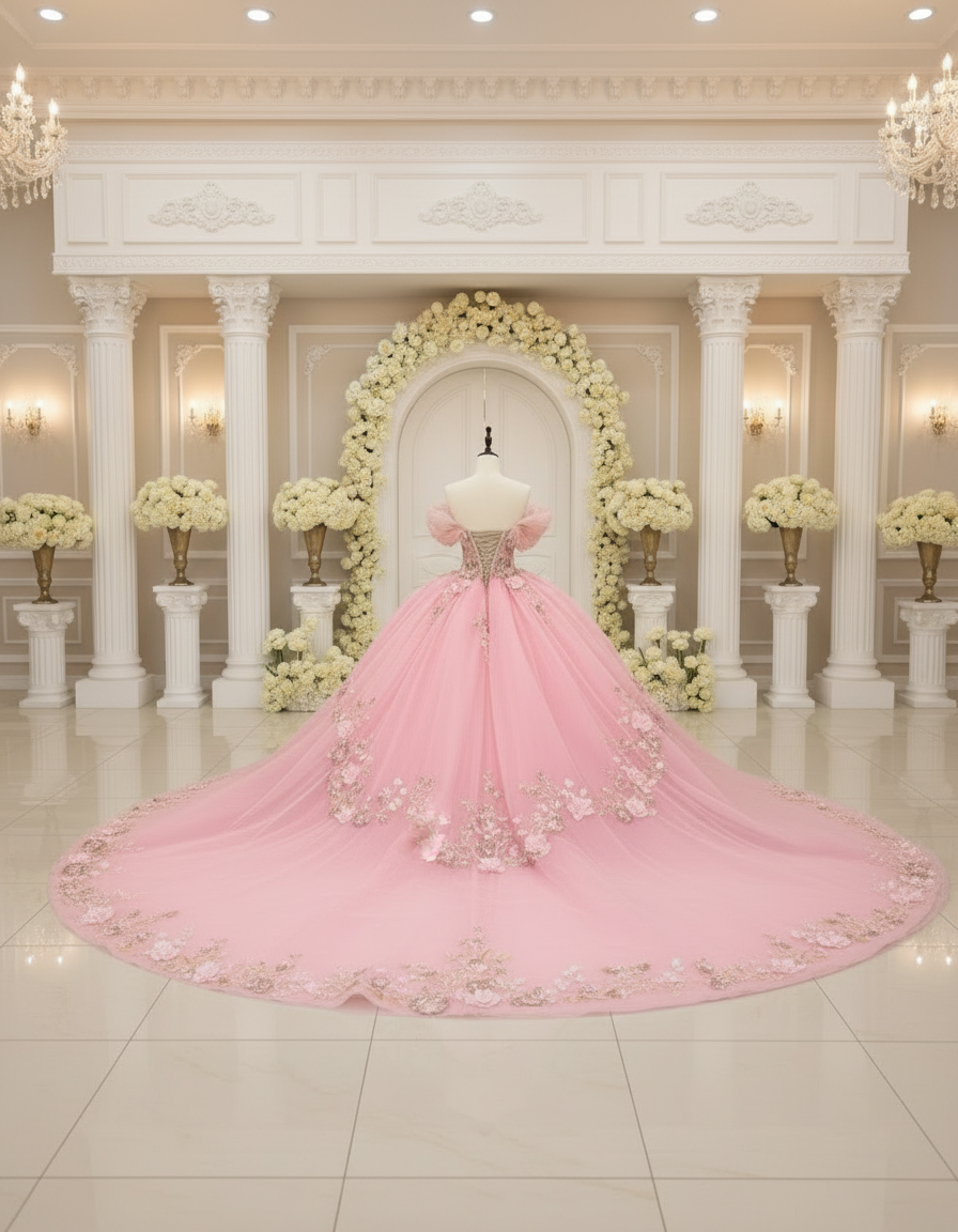 Pink Quinceanera Dress Off The Shoulder Floral Organza Ball Gown, Celebrate your special day in timeless elegance with this stunning pink Quinceanera ball gown.