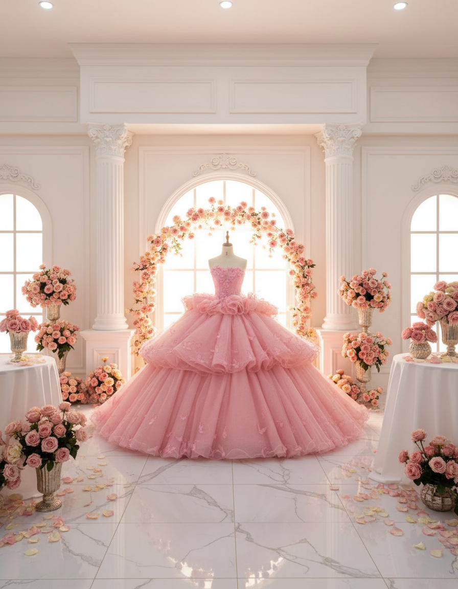 Pink Quinceanera Dress Tiered Ruffle Butterfly Ball Gown , Celebrate your special day in this enchanting pink ball gown that captures pure elegance and whimsy.