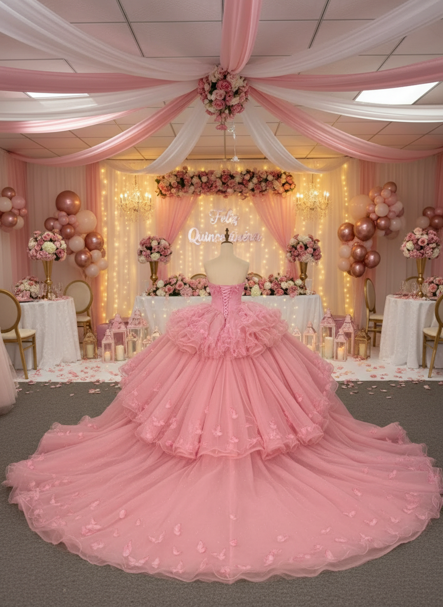 Pink Quinceanera Dress Tiered Ruffle Butterfly Ball Gown , Celebrate your special day in this enchanting pink ball gown that captures pure elegance and whimsy.