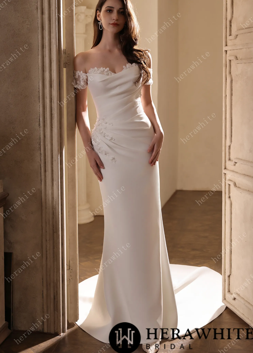 Satin Wedding Dress Pleated Bodice Fit-And-Flare Bridal Gown 3D Lace, Embrace your inner bridal icon with this show-stopping mermaid masterpiece