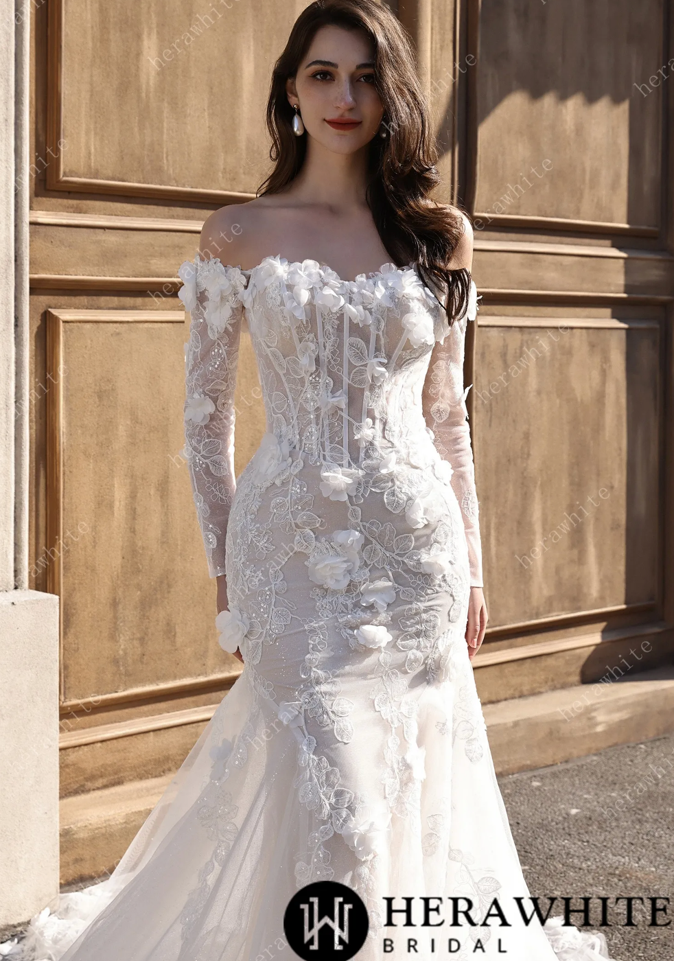 Tulle Wedding Dress Off-the-Shoulder 3D Lace Fit Flare Bridal Gown, Picture yourself walking down the aisle in this absolutely stunning fit-and-flare creation