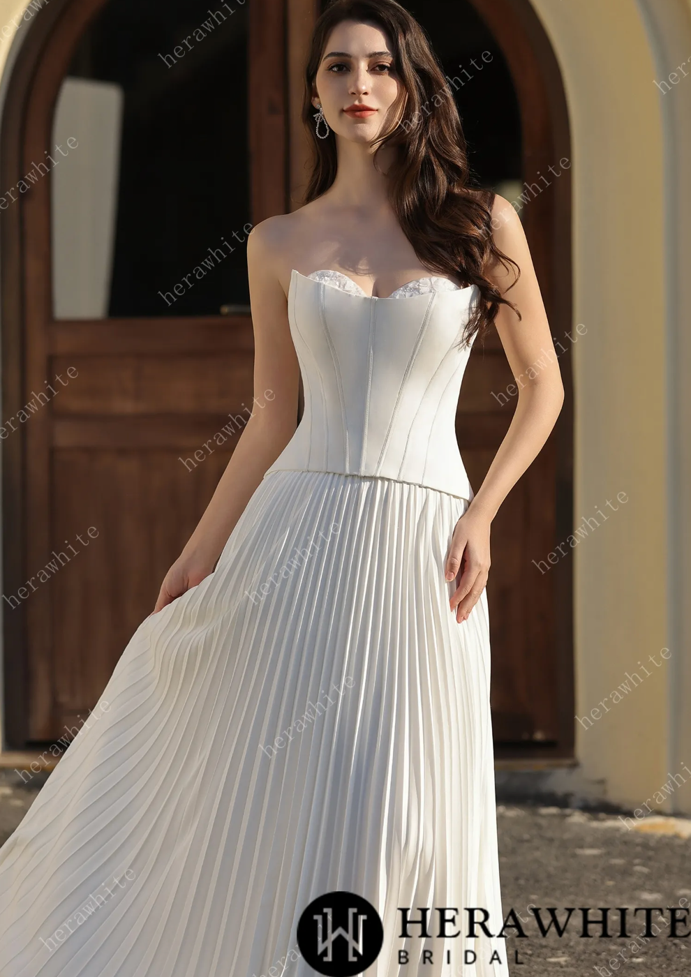 Satin Crepe Wedding Dress Pleated Skirt Bridal Gown Removable Corset, channel the elegance of luxury bridal couture with this statement gown