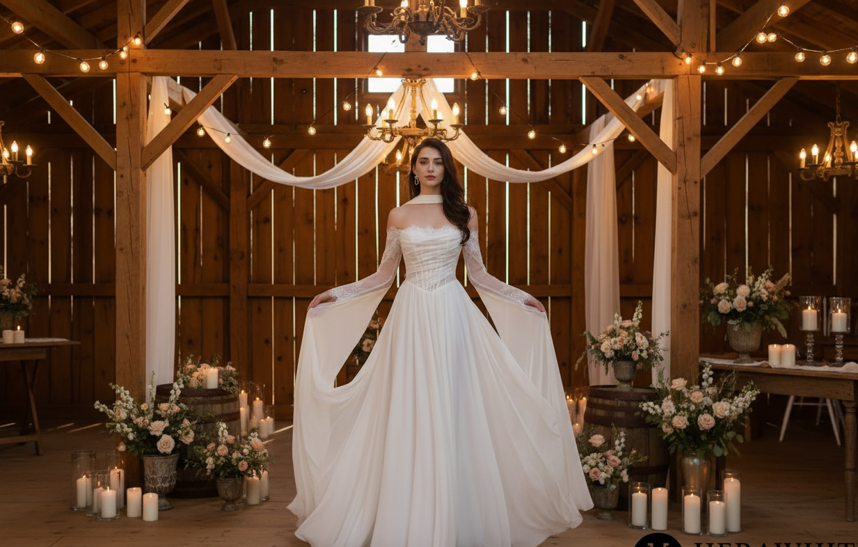 Chiffon Wedding Dress Long Sleeve Chantilly Lace Bridal Gown, this captivating gown blends soft femininity with sleek edge: