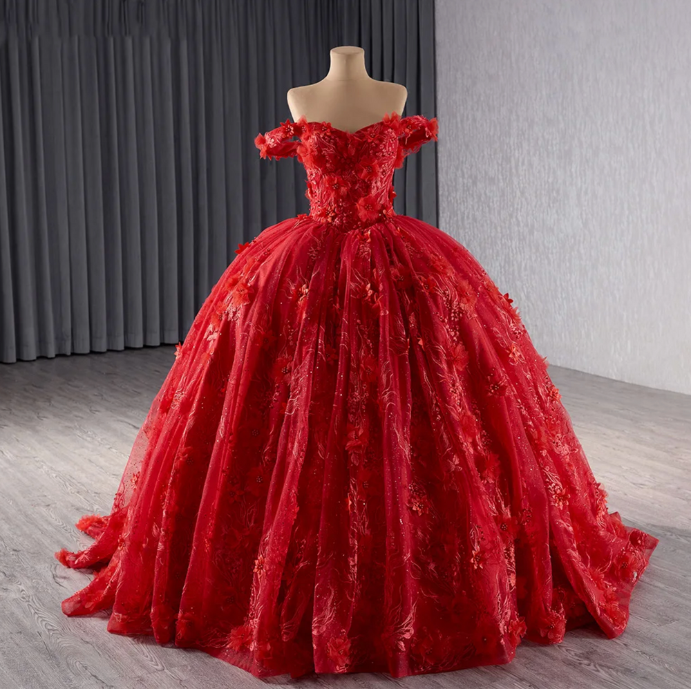 Red V-Neck Quinceañera Dress