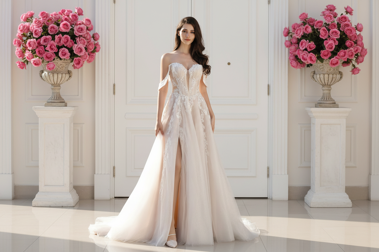 Glitter Tulle Wedding Dress Off-the-Shoulder Sheer Lace Bridal Gown, radiate romance with a modern twist in this captivating bridal gown