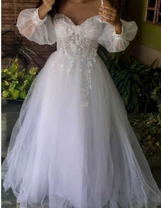 Puff Sleeve Sweetheart Lace 3D Flowers Tulle A Line Boho Bridal Gown