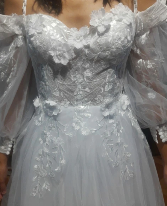 Puff Sleeve Sweetheart Lace 3D Flowers Tulle A Line Boho Bridal Gown