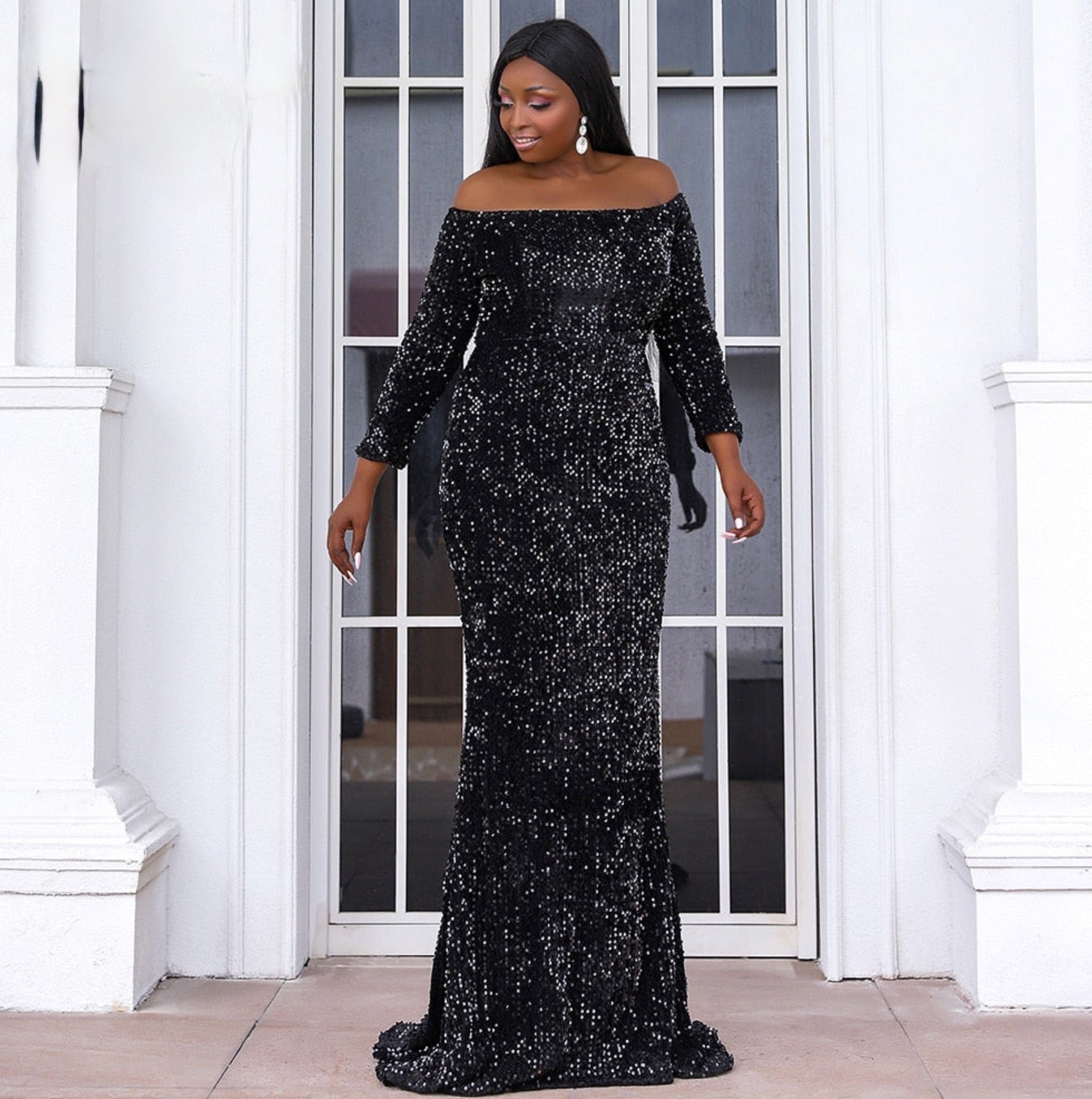 Tulle Lux Bridal Crowns Accessories Off Shoulder Sequin Plus Size Women Dress Long Sleeve Floor Length Large Maxi Evening Party Dresses Black L 158 185