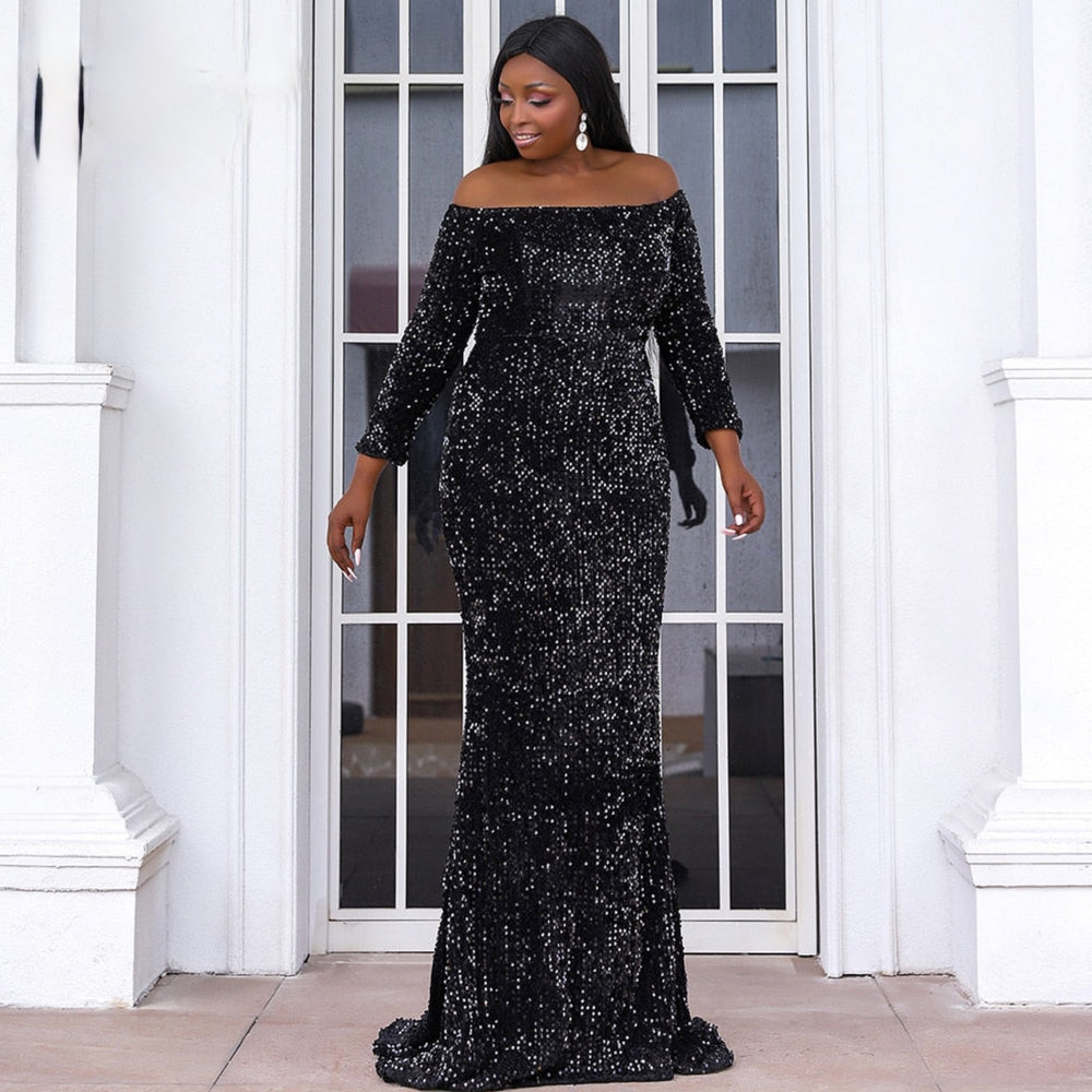 
                      
                        Off Shoulder Sequin Plus Size Women Dress Long Sleeve Floor Length Large Maxi Evening Party Dresses
                      
                    