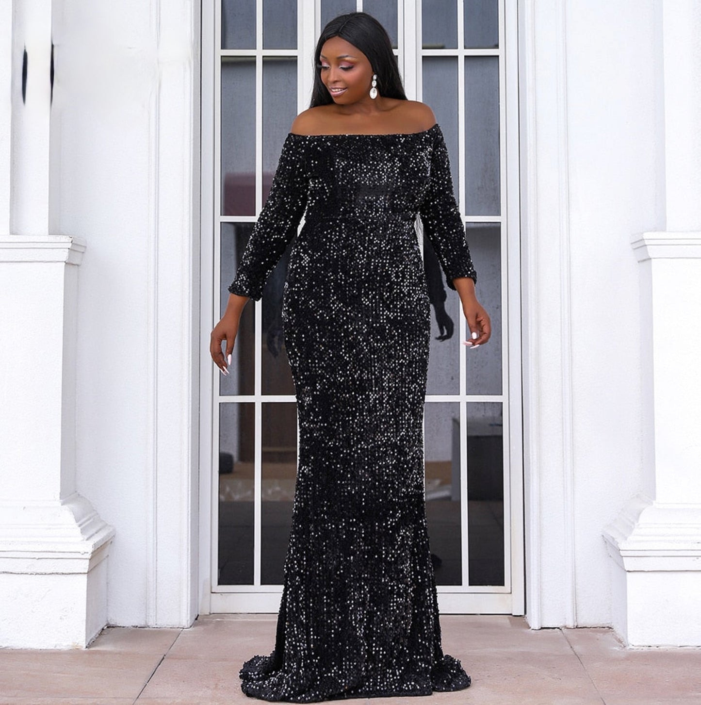  Women's Plus Size Off Shoulder Puff Sleeve Sequin Formal Maxi Dress  Evening Party Gowns Black : Clothing, Shoes & Jewelry