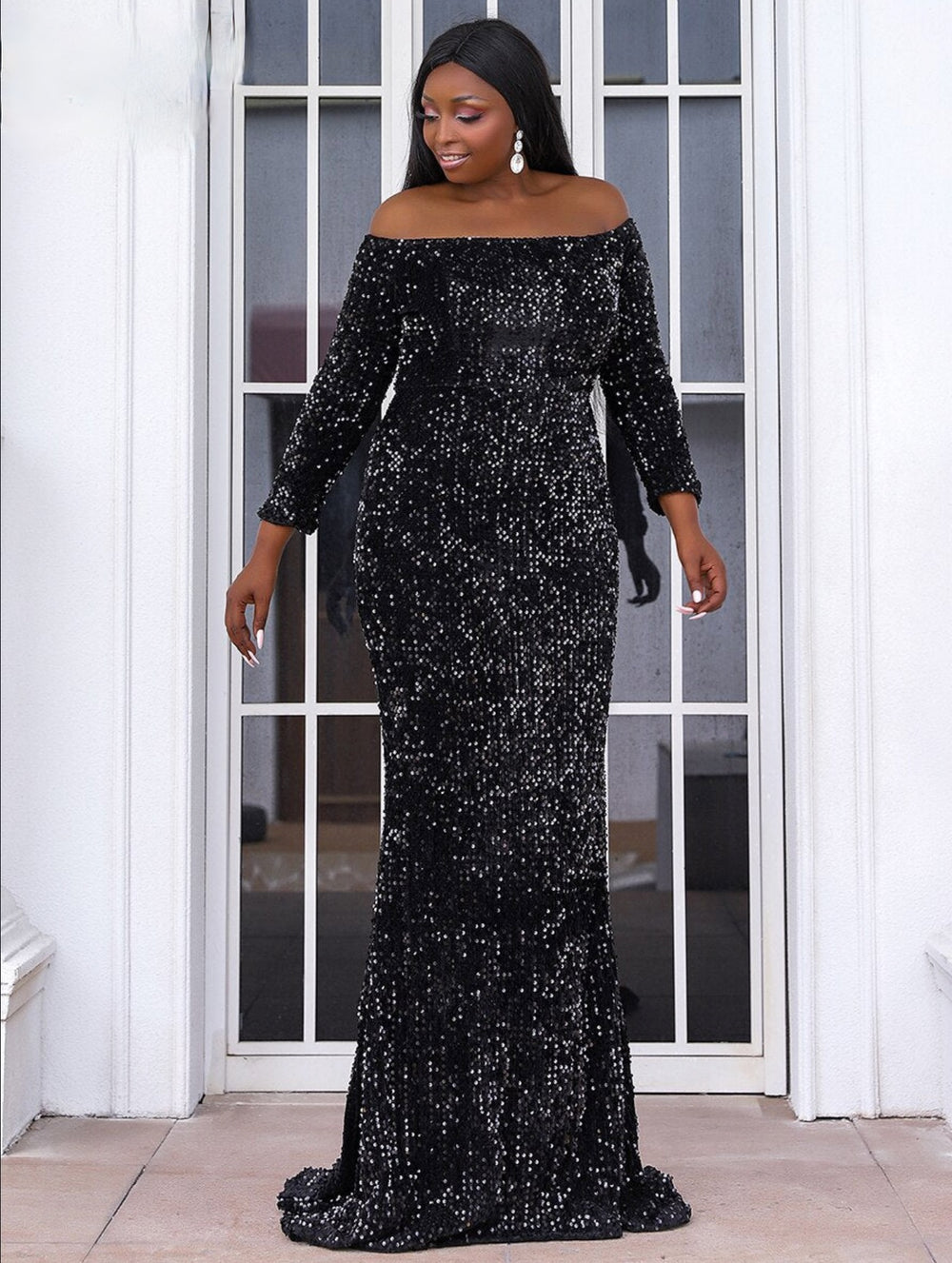 Off Shoulder Sequin Plus Size Women Dress Long Sleeve Floor Length Large Maxi Evening Party Dresses