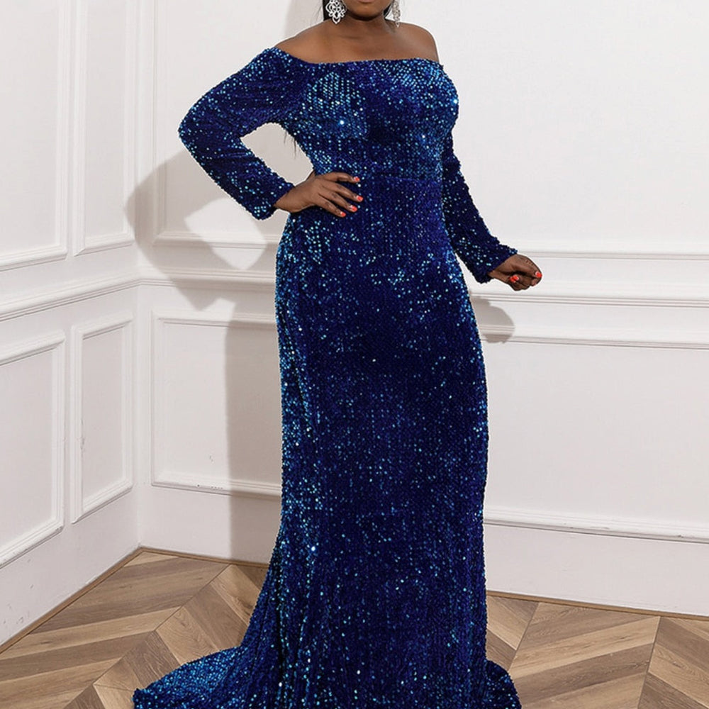 
                      
                        Off Shoulder Sequin Plus Size Women Dress Long Sleeve Floor Length Large Maxi Evening Party Dresses
                      
                    