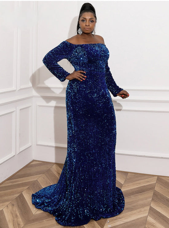 Load image into Gallery viewer, Off Shoulder Sequin Plus Size Women Dress Long Sleeve Floor Length Large Maxi Evening Party Dresses
