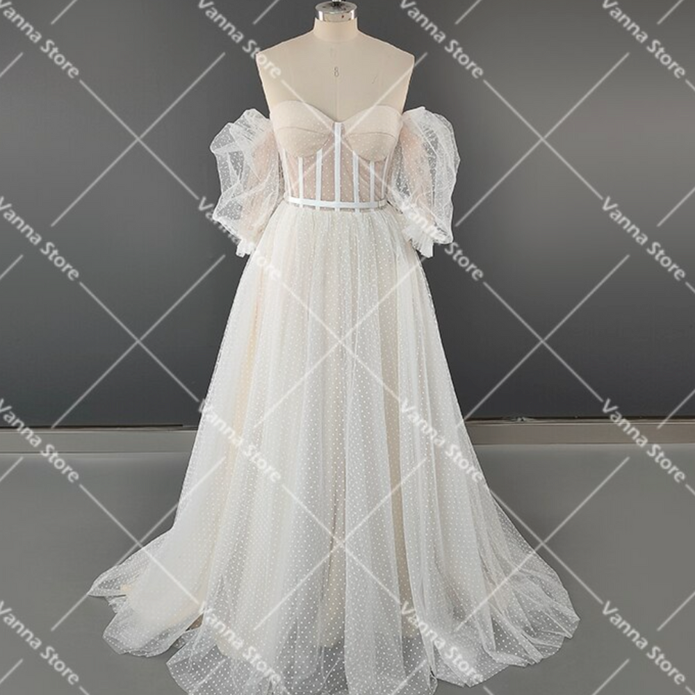 
                      
                        Lantern Sleeve Sweetheart Polka Dot Tulle A Line Wedding Dress
                      
                    